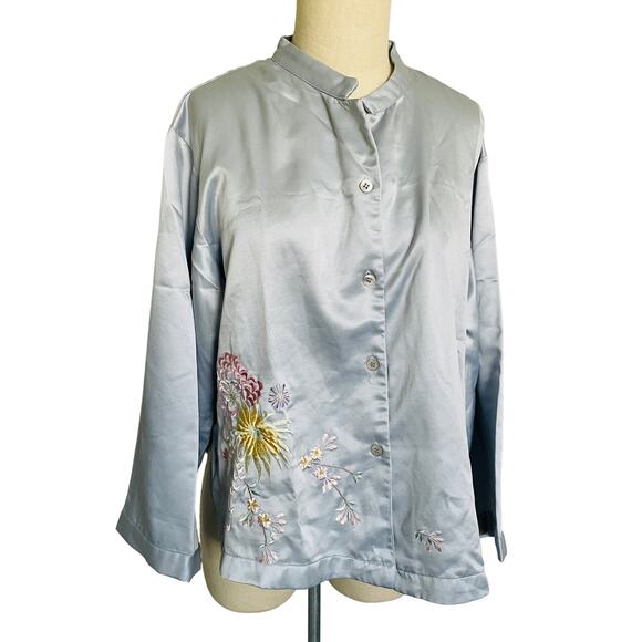 Vintage Natori Embroidered Pajama Top Fleece Lined Button Up - Picture 1 of 7